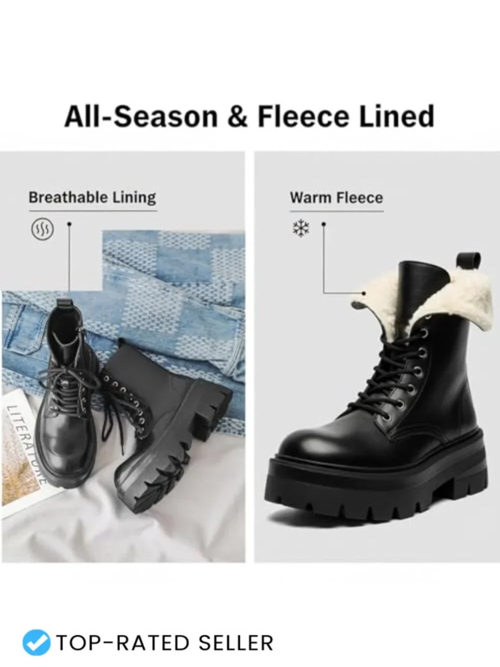 Black Leather Chunky Platform Combat Boots Side Zipper Lug Sole Ankle Boots